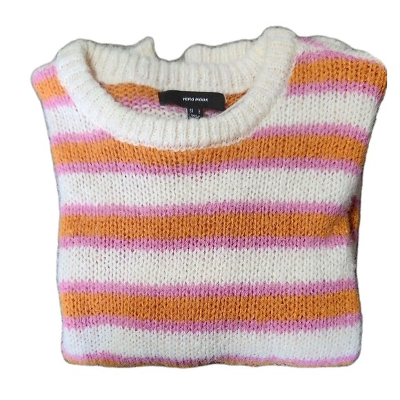 Vero Moda Knit Sweater Orange Pink White Striped Women's Crew Neck, Large - Picture 2 of 3